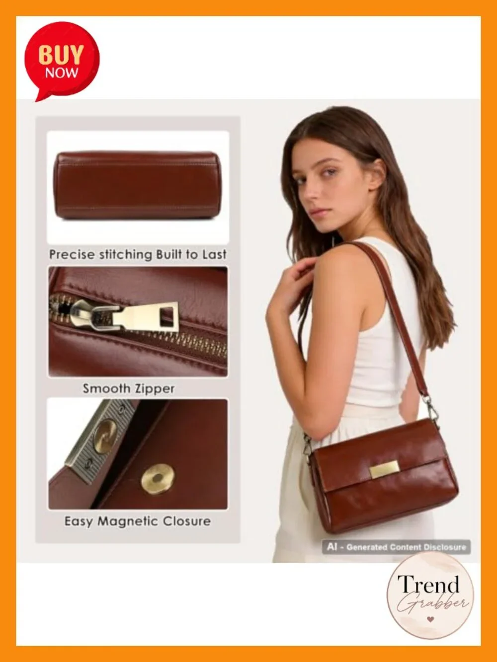 Genuine Leather Crossbody Bag with 2 Detachable Straps, 7 Pockets